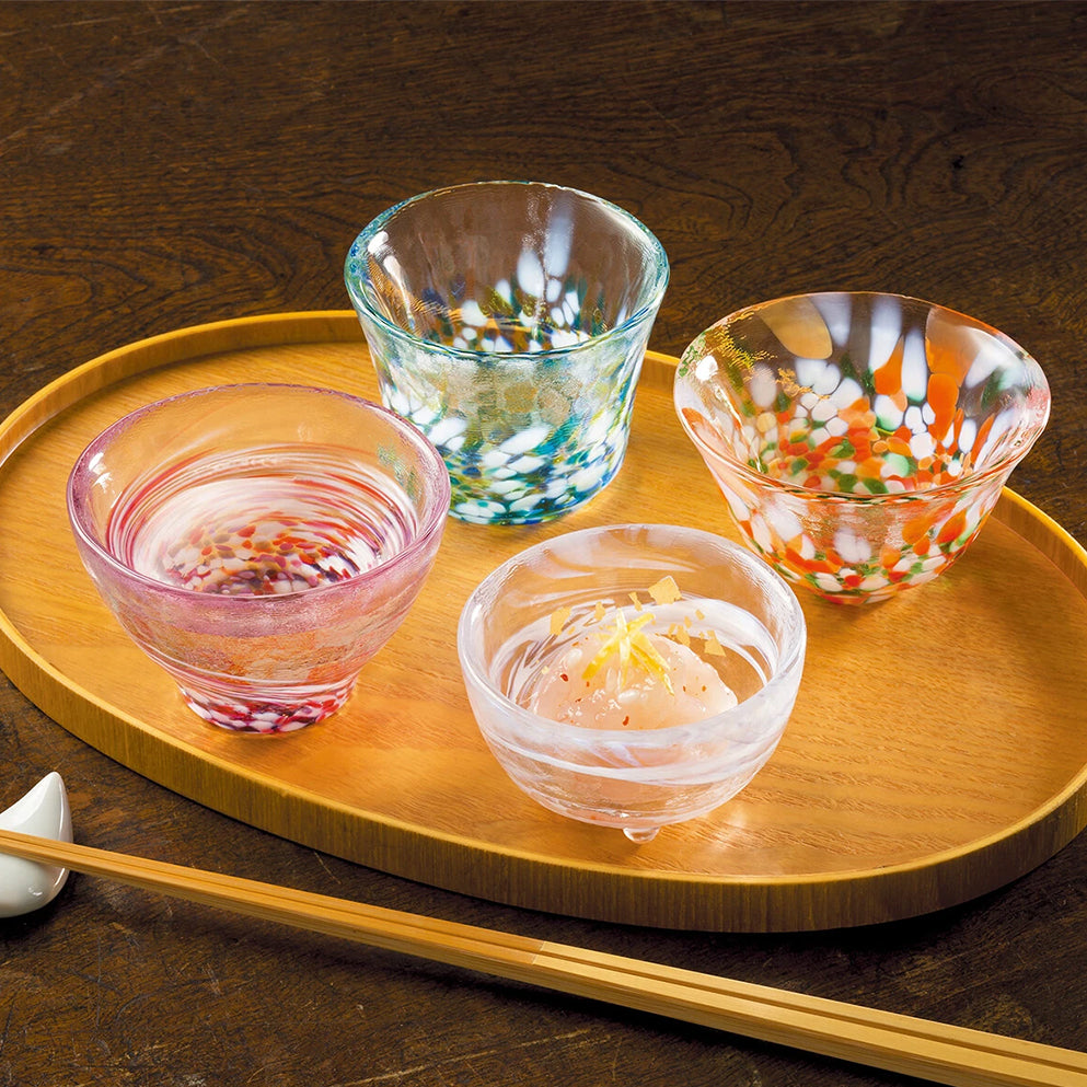 Tsugaru Vidro 4-Piece 4 Seasons Sake Cup Wooden Gift Set