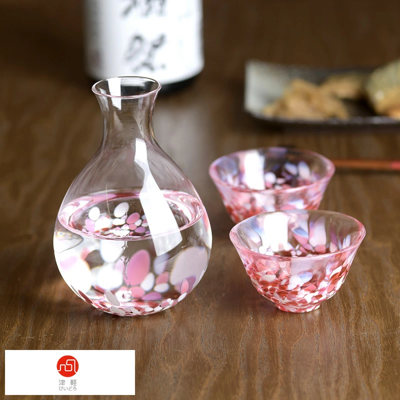 日本津輕琉璃 手作櫻吹雪清酒杯壺 酒具套裝