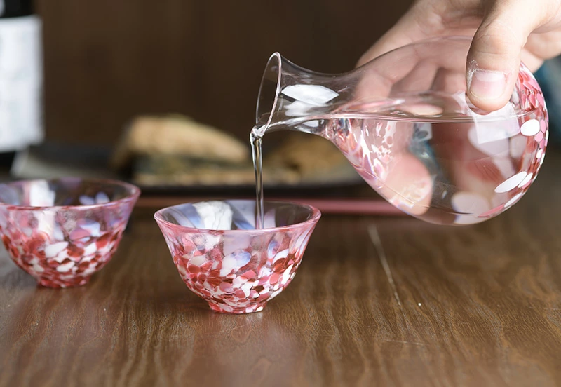 日本津輕琉璃 手作櫻吹雪清酒杯壺 酒具套裝