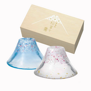 Toyo Sasaki 2-Piece Mt. Fuji Blue and Red Sakura Sake Cup Wooden Gift Set