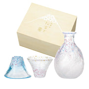 Toyo Sasaki Carafe with 2-Piece Mt. Fuji Blue and Red Sakura Sake Cup Wooden Gift Set