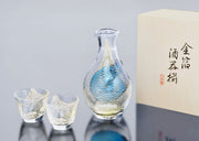 Toyo Sasaki Blue with Gold Powder Carafe and 2-Piece Sake Cup Wooden Gift Set
