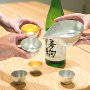 Nousaku Size S Tin Sake Pitcher with 2-Piece Tin and Gold Leaf Sake Cup Wooden Gift Set