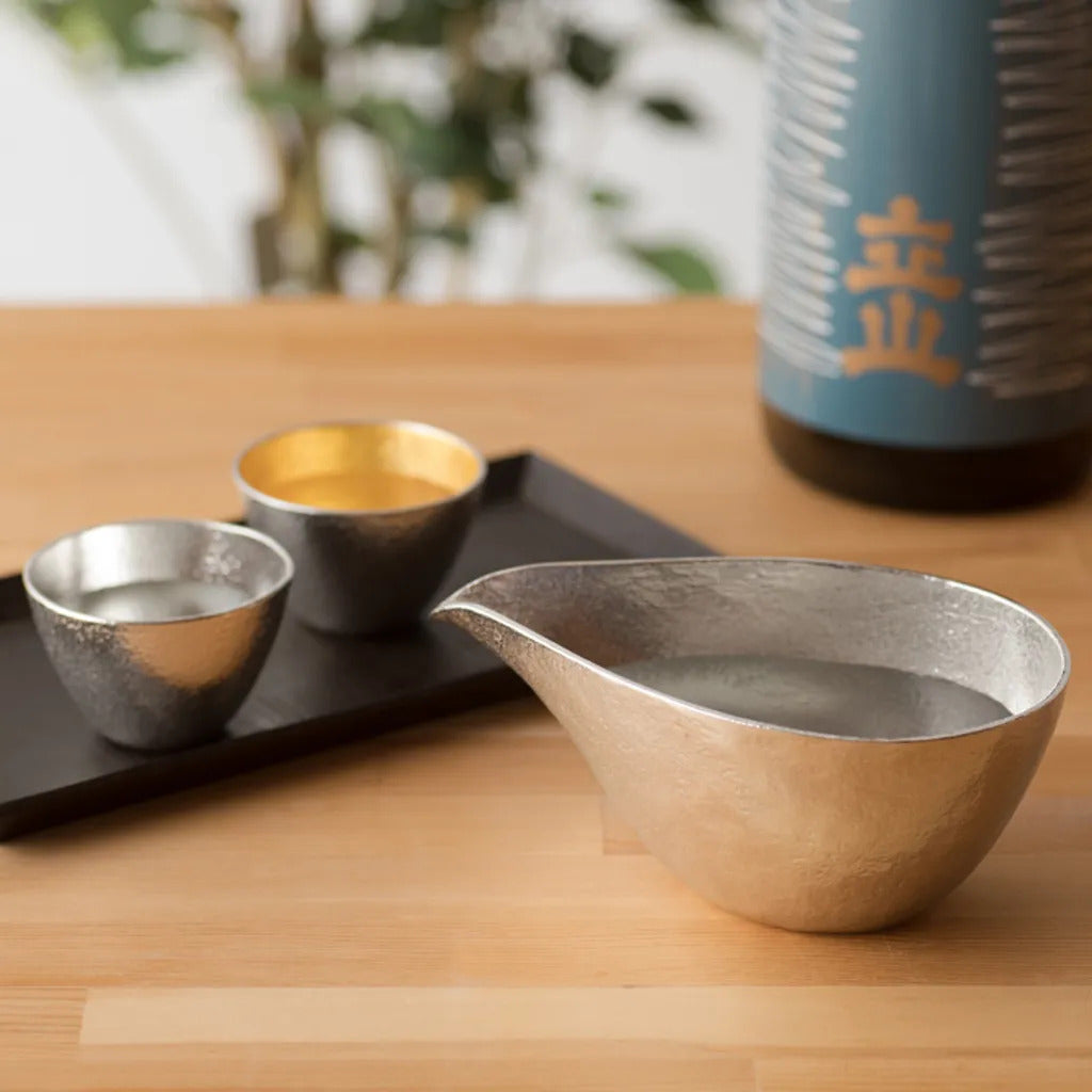 Nousaku Size S Tin Sake Pitcher with 2-Piece Tin and Gold Leaf Sake Cup Wooden Gift Set