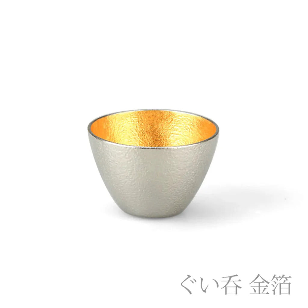Nousaku Size S Tin Sake Pitcher with 2-Piece Tin and Gold Leaf Sake Cup Wooden Gift Set