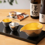 Nousaku Size S Gold Leaf Sake Pitcher with 2-Piece Tin and Gold Leaf Sake Cup Wooden Gift Set