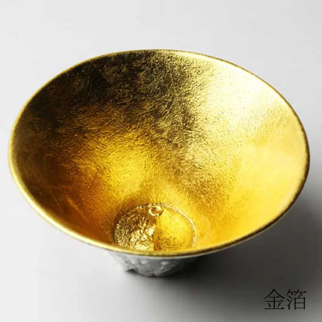 Nousaku Size L Gold Leaf Sake Pitcher with 2-Piece Tin and Gold Leaf Mt. Fuji Sake Cup Wooden Gift Set