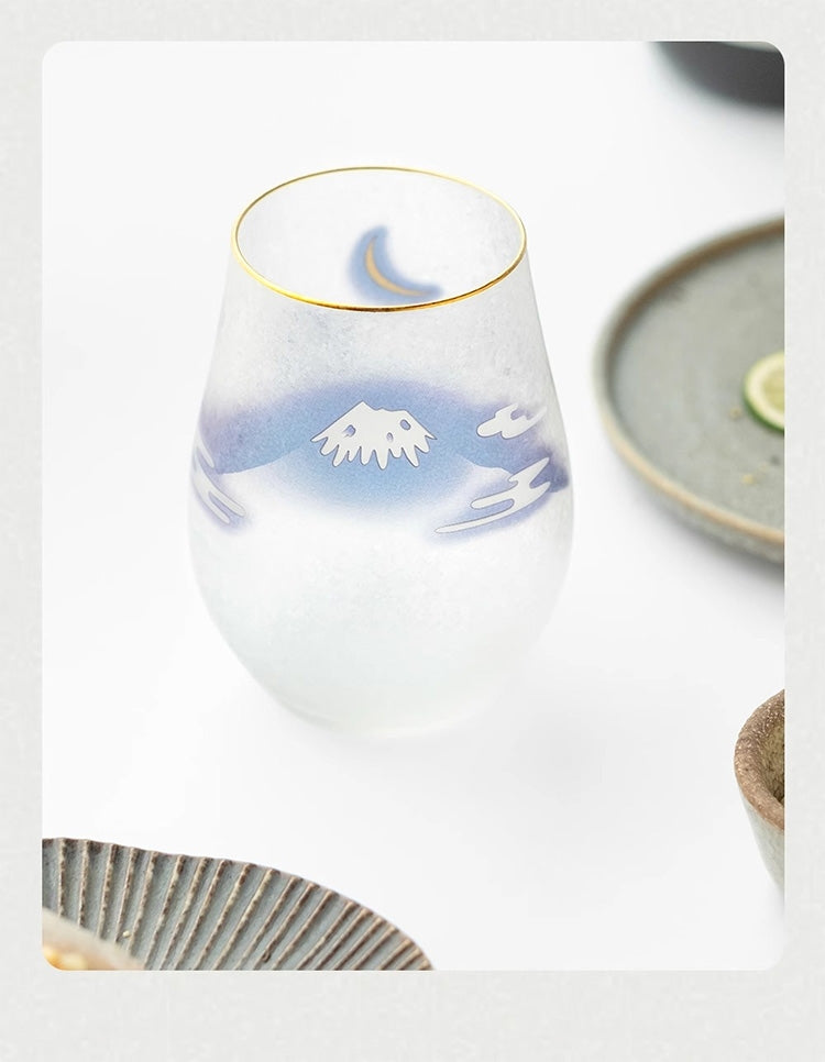 日本 Aderia 富士月兔圖 磨砂玻璃酒杯禮盒