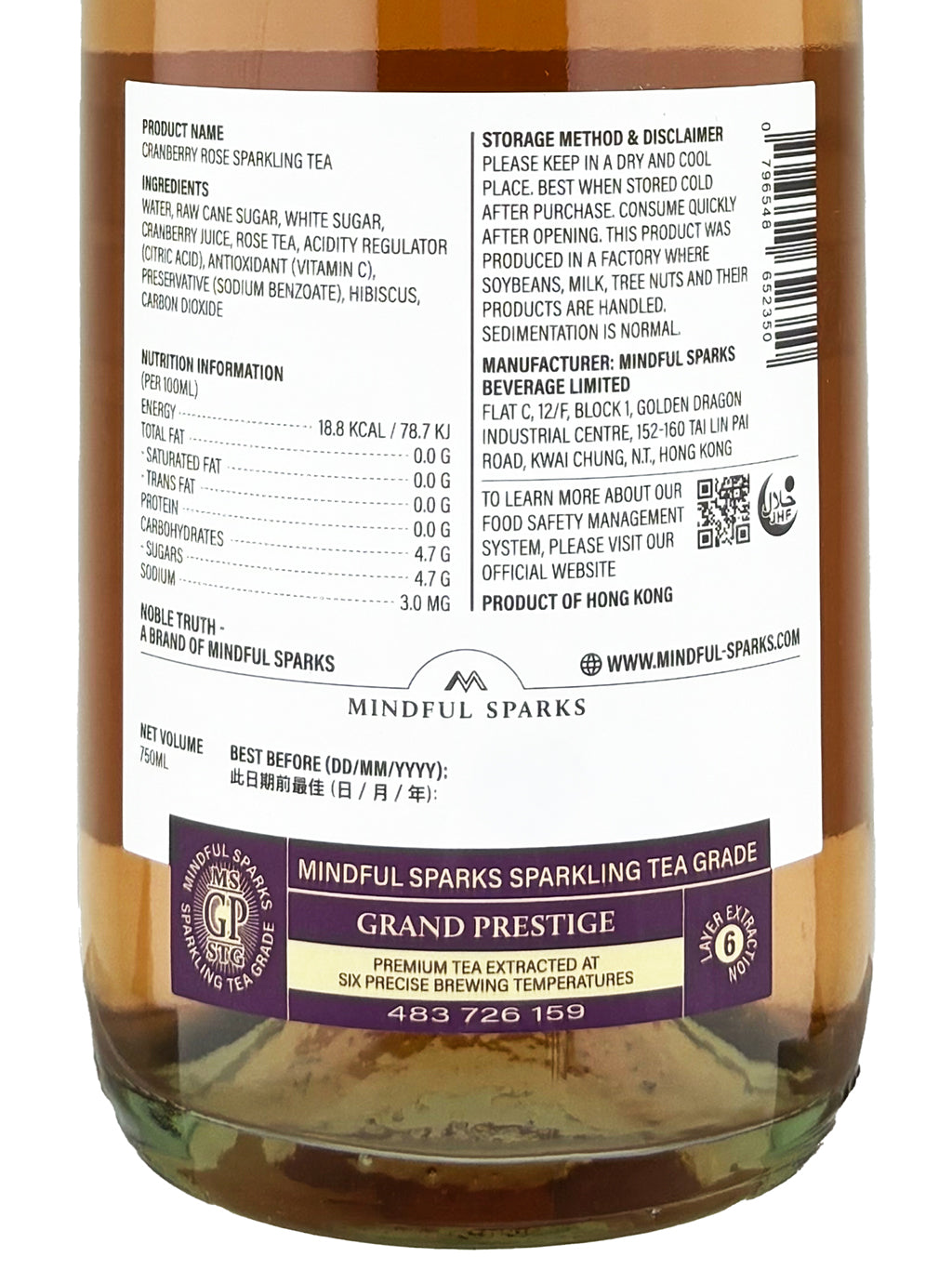 Mindful Sparks Noble Truth 玫瑰蔓越莓氣泡茶 750ml — back