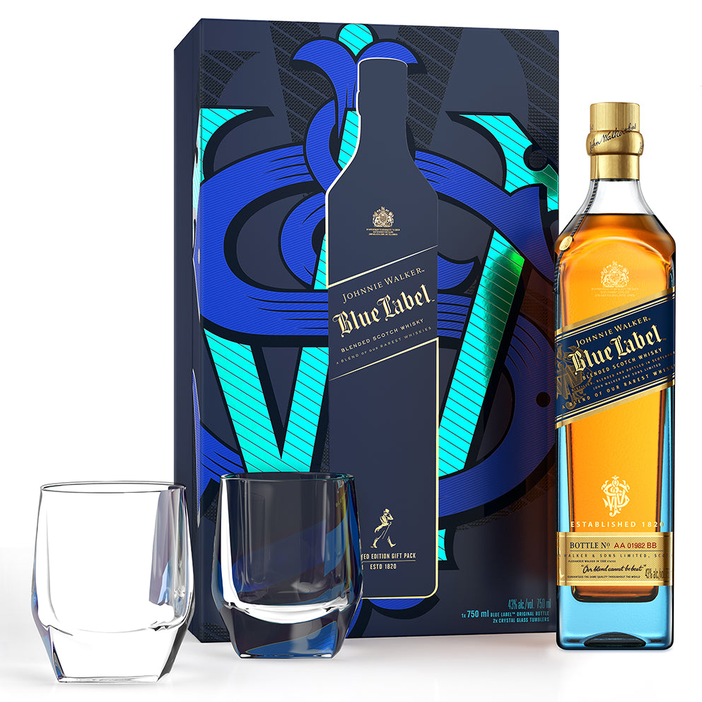 Johnnie Walker Blue Label Whisky 750ml Gift Box with Rock Glasses Pair